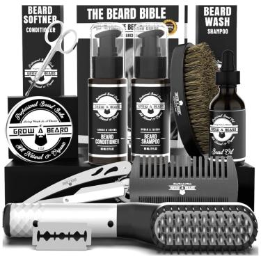 Imagem de Kit para Barba Profissional Portátil com Cera e Pente, 10 Itens, GROW ALPHA BEARD, Preto