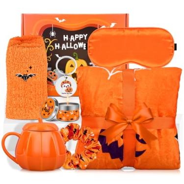 Imagem de Boo Basket Stuffers para mulheres, cesta de presentes de Halloween com cobertor de flanela fantasma fofo de 152 x 127 cm, caneca assustadora de Halloween para meninas, namorada adolescente (laranja)