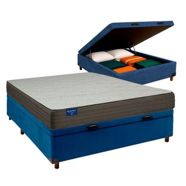 Imagem de Cama Box Baú Casal Kit Orthotech Pop com Colchão Espuma D33 Veludo Azul Inducol
