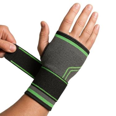 Imagem de Munhequeira Ortopédica de Compressão Ajustável, Preta com Verde, Suporte Esportivo e Terapêutico, Fecho Ajustável, Tamanho Universal