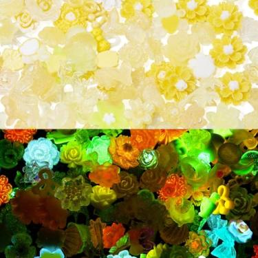 Imagem de 30 g pingentes de geleca de resina que brilham no escuro aleatórios mistos luminosos cabochão floral 3D flores fofas contas planas para arte de unhas, decoração de scrapbooking, enfeites (Amarelo)