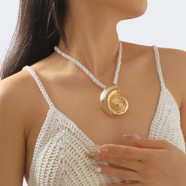 Imagem de Colares femininos de estrela do mar com concha dourada com pingente de sol de concha grande, colar com cordão de declaração de flor, fantasia de surfista, joia de oceano, Medium, Latão, Sem Pedra