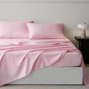 Imagem de JELLYMONI Jogo de lençol 100% algodão – listras finas rosa e branco, queen size, roupa de cama macia com bolso alto, lençol de cima e fronhas