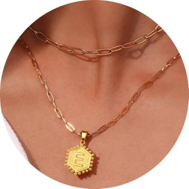 Imagem de Colar personalizado com pingente de letra A-Z, design hexagonal de corrente de camada dupla, joia minimalista de aço inoxidável para mulheres, F, Aço inoxidável, Sem Pedra Preciosa