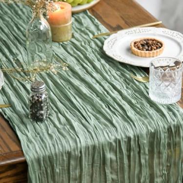 Imagem de Caminho de mesa de casamento boêmio gaze verde sálvia para casamento, tecido sazonal de verão, decoração de mesa de cozinha, decoração de aniversário de férias internas 89 x 300 cm