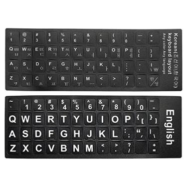 Imagem de Adesivos de teclado inglês e coreano, pacote com 2 capas de substituição de teclado universal fosco para notebook, fundo preto letras brancas