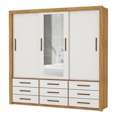 Imagem de Armareo Roupeiro Anjos 3 Portas C/espelho Central 9 Gavetas S/pe Carioca Moveis Cinamomo/off White