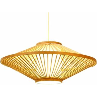 Imagem de WLHAZMWY Candeeiro pendente chique montado no teto gaiola suspensão de madeira único luminária pendente antiga grande lâmpada de pendurar tecido natural (50 cm)