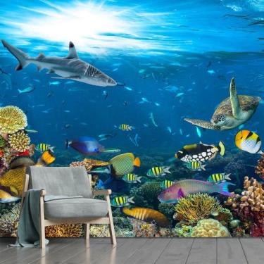 Imagem de Papel de Parede Fundo do Mar Tartaruga Peixes Sala Adesivo - 129pcm - 
