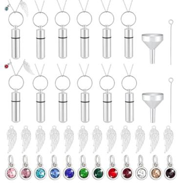 Imagem de PH PandaHall Conjunto de 12 colares de urnas para cinzas, pingentes de aço inoxidável com kit de enchimento de funil, joia de cremação de cilindro de pedra do mês de nascimento de anjo para mulheres