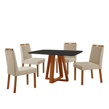 Imagem de Conjunto Sala De Jantar Mesa Floripa 120x80cm Preto Com 4 Cadeiras Dallas Linho Bege