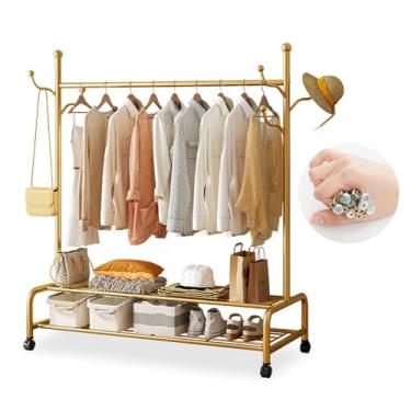 Imagem de Cabideiro dourado com prateleiras de sapatos de 2 camadas, trilho de roupas independente sobre rodas, para quarto, sala de estar, loja de varejo, suporte de revestimento de tubo de metal de 20 mm, 4