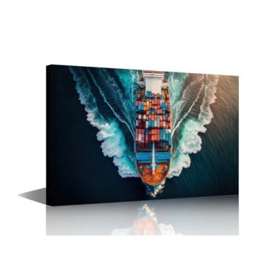 Imagem de Pintura de parede de navio de carga de contêineres 1 painel de arte de parede em tela da indústria de transporte logística importação exportação decoração de parede para sala de estar emoldurada de