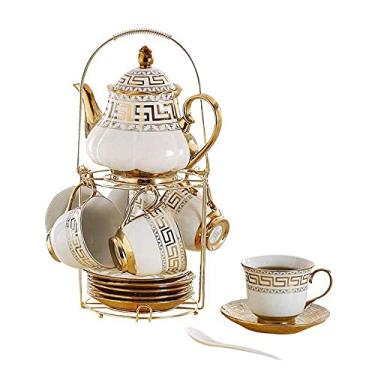 Imagem de Conjunto de chávenas de chá e café estilo europeu conjunto de chávenas de chá de cerâmica incluindo belamente 6 peças xícara de chá e colher com 1 suporte de metal para chá
