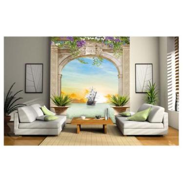 Imagem de Papel De Parede Paisagem Mar Navio Por Do Sol  Dav10 - Você Decora