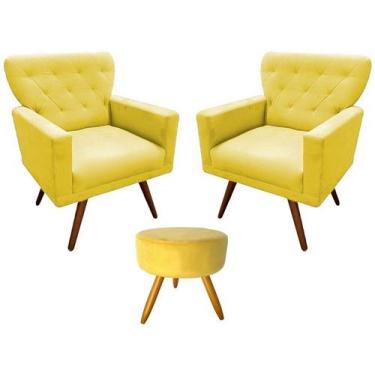 Imagem de Kit 2 Poltronas Decorativa Aurora + 1 Puff Redondo Suede Amarelo Pés M