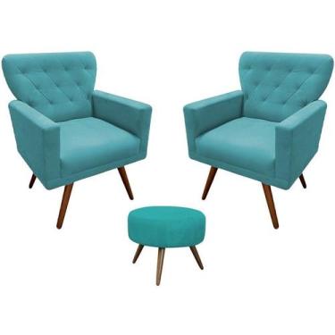 Imagem de Kit 2 Poltronas Decorativa Aurora + 1 Puff Redondo Suede Azul Turquesa