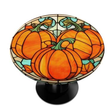 Imagem de hongjinglin Toalha de mesa redonda com borda elástica de vidro de abóbora, toalha de mesa redonda para decoração de cozinha de 102 a 111 cm