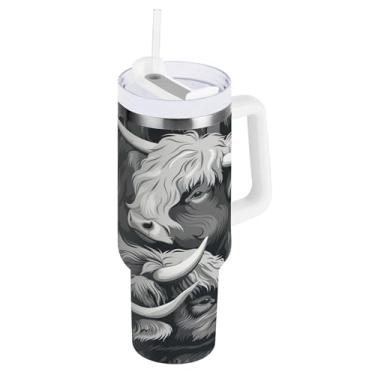 Imagem de xigua Copo Highland Cow de 850 g com tampa e canudo, aço inoxidável de vácuo duplo isolado garrafa de água esportiva suporte para copo de café de viagem à prova de vazamento para bebida gelada