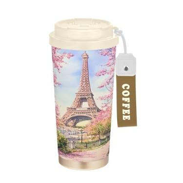 Imagem de SEHANY Caneca de viagem Torre de Paris em aquarela de 500 ml Copos de café reutilizáveis revestidos de cerâmica com tampa à prova de vazamento, parede dupla, isolamento a vácuo, copo de café de aço