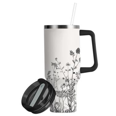 Imagem de ATTX Copo de flores pretas e brancas de 850 g com alça, copo de aço inoxidável a vácuo de parede dupla com palha, caneca de café de viagem isolada #120