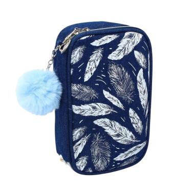 Imagem de Estojo Material Escolar Grande Jeans Divisórias Pompom Azul Reforçado Tendência Volta as Aulas Fofo