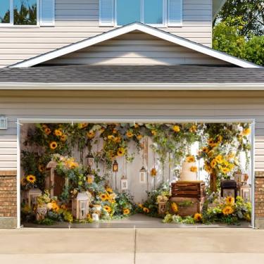 Imagem de Capa de porta de garagem de aniversário, cenário fotográfico de faixa de feliz aniversário, fundo de festa para decoração de parede interna e externa (girassol, 2,1 x 4,9 m)