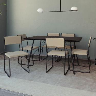 Imagem de Mesa Jantar Paraty 150Cm Tampo Preto Com Cadeiras 6 Cadeiras Angra Estofadas Preta E Bege