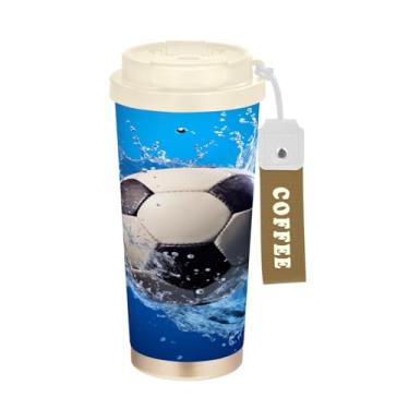 Imagem de Wassud Caneca de café de viagem isolada com bola de futebol em água à prova de vazamento com tampa e canudo garrafa de água de aço inoxidável para café quente/gelo, chá e cerveja