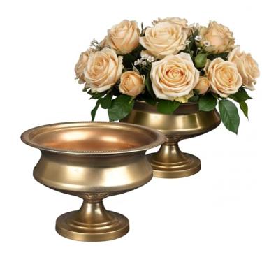 Imagem de WORTH Conjunto de 2 vasos de urna cor dourada para centros de mesa, 20 cm A x 30 cm de diâmetro. Vaso de flores pequeno trompete de metal clássico para mesa, vaso de tigela para decoração de casa e