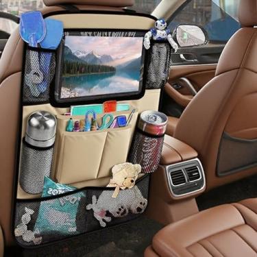 Imagem de Organizador de carro no banco traseiro com protetor de tapete e suporte de tablet para tela sensível ao toque, armazenamento de assento de carro para crianças, acessórios de viagem com 9 bolsos
