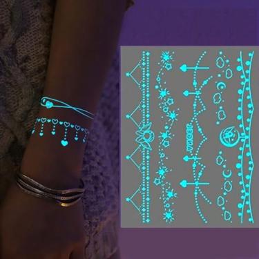 Imagem de 1 adesivo de tatuagem temporária que brilha no escuro ativado por luz negra, adesivo responsivo para pescoço e perna do braço, fácil aplicação para festas, JSN, 021