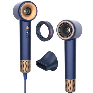 Imagem de Secador de Cabelo Alta Velocidade de 1500W, Secador de Cabelo de 3 Velocidades de 3 Temperaturas com motor sem escovas de 110.000 RPM com Bico e Anel de essências, 127V (Azul)