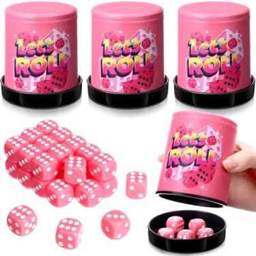Imagem de RoundFunny 4 Pack Bunco Gifts for Women Let's Roll Pink Leather Dice Cup with Lid Including 30 Matching Dice Party Supplies Bunco Game Kit for Ladies Night Family Board Games
