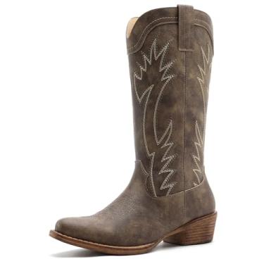 Imagem de GLOBALWIN Botas femininas de caubói de bico quadrado clássicas de cano médio com costura bordada salto baixo botas ocidentais confortáveis para roupas country, Marrom 25yy03, 36