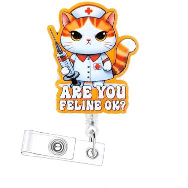 Imagem de Carretel de crachá de gato de enfermeira, design "Are You Feline OK", suporte retrátil para identidade com clipe jacaré, rotação de 360°, corda de nylon durável