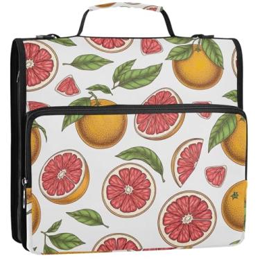 Imagem de Tecido 3 fichários com 3 anéis de 3 anéis de toranja e frutas com zíper, pasta de armazenamento de portfólio com alça, bolsa escolar com alça de ombro, 34,5 x 31,5 x 9 cm