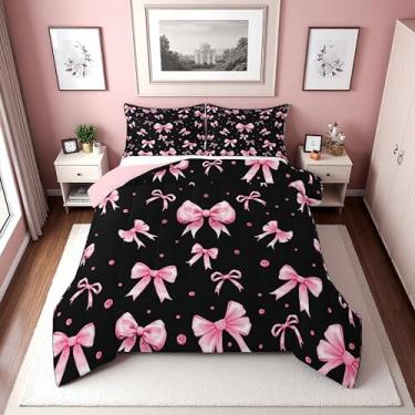 Imagem de Erosebridal Conjunto de edredom infantil com laço rosa e preto | Jogo de cama fofo com laço de fita coquete para meninas e crianças, colcha de gravata borboleta rosa princesa, decoração de quarto com