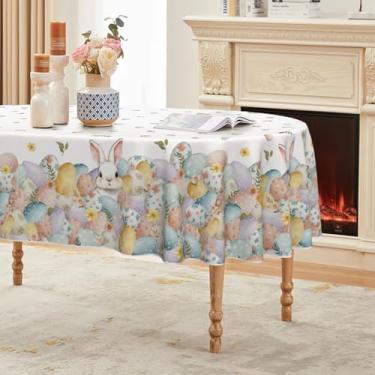 Imagem de Horaldaily Toalha de mesa oval de Páscoa, 152 x 213 cm, ovos, coelhos, anêmona, flores, lavável, capa de mesa sazonal para decoração de festa, piquenique, jantar