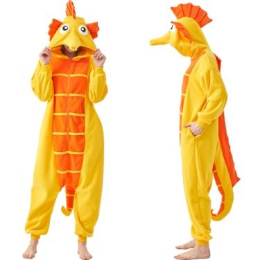 Imagem de AIYOUYIYA Macacão adulto criaturas marinhas lagosta, caranguejo, camarão, tartaruga fantasia de Halloween unissex animal cosplay pijama de uma peça, Cavalo marinho, P