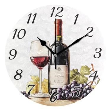 Imagem de ALAZA Relógio de parede de vidro de folha de uva vinho tinto, relógio operado por bateria, silencioso, 24 cm, relógios de parede sem tique-taque para quarto e sala de estar decorativo