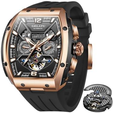 Imagem de OLEVS GELATU Relógio masculino turbilhão automático, relógio de pulso esqueleto, mecânico, corda automática, 50 m, à prova d'água, cristal de safira, relógios masculinos quadrados, amarelo/branco