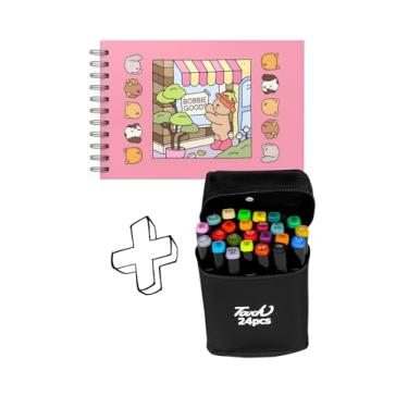 Imagem de Kit Livro de Colorir Bob.Goods + 24 ou 36 Canetas Ponta Dupla | Capa Dura Holográfica, Papel Premium | Ursinhos Fofos – Ideal para Crianças e Adultos - CAPA ROSA (60)