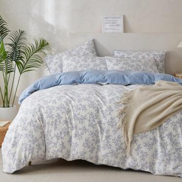 Imagem de TISPLR Queen Capa de edredom floral microfibra escovada enrugada gaze 3 peças conjunto de cama estilo jardim azul estampa floral Queen capa de edredom flor, com fecho de zíper, luxuoso, macio