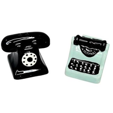 Imagem de Conjunto de mini saleiro e pimenteiro de cerâmica Old School para máquina de escrever e telefone, 5 x 5 x 3 cm