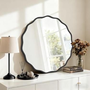 Imagem de HOMECOOKIN Espelho de parede redondo ondulado de 71 cm, espelho de parede ondulado redondo com moldura de alumínio para atualizações de banheiro, hotéis, penteadeiras, casas de fazenda