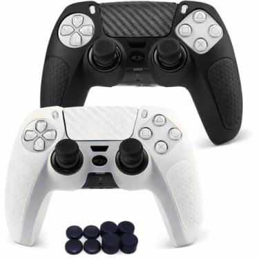 Imagem de Pacote com 2 capas protetoras de silicone antiderrapantes para controle PlayStation 5/PS5 com 4 empunhaduras de polegar (preto e branco)