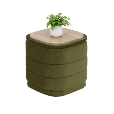 Imagem de B FSOBEIIALEO Otomano de armazenamento de veludo com bandeja, otomano dobrável quadrado com mesa de centro de armazenamento descanso para os pés para dormitório, sala de estar, azeitona, 38 x 38 x 38