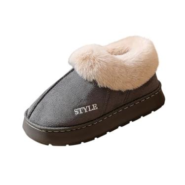 Imagem de Botas de neve femininas modernas casuais de inverno forradas com lã quente para ambientes internos e externos, bico redondo, bico fechado, sola grossa, Cinza, 38