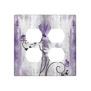 Imagem de Yamxbfa Fazenda rústica margarida roxa flores florais e borboleta em madeira cinza violeta capas de interruptor de luz duplex 2 gangues decorativas Gfci placa de parede receptáculo elétrico plugue de